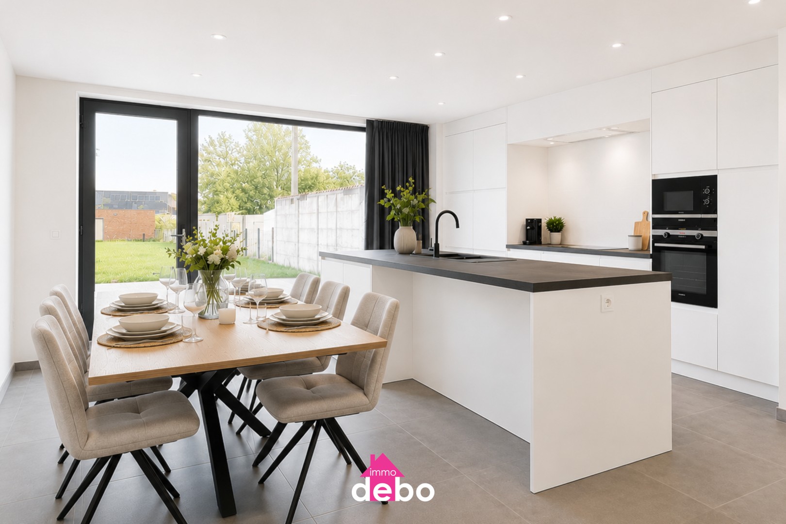 Instapklare en energiezuinige woning met 3 slaapkamers, 2 garages, keuken, badkamer, terras, diepe tuin en uitweg met 2 garages.